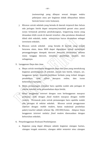 - 69 -
(outsourcing) yang dibayar sesuai dengan waktu
pekerjaan atau per kegiatan (tidak dibayarkan dalam
bentuk honor rutin bulanan).
j. Khusus untuk sekolah yang berada di daerah terpencil dan belum
ada jaringan listrik dapat menyewa/membeli genset atau panel
surya termasuk peraltan pendukungnya, tergantung mana yang
dirasakan lebih cocok di daerah tersebut. Jika peralatan dimaksud
dibeli oleh sekolah, maka selanjutnya harus dicatatkan sebagai
inventaris sekolah;
k. Khusus untuk sekolah yang berada di daerah yang terjadi
bencana alam, dana BOS dapat digunakan untuk membiayai
penanggulangan dampak darurat bencana khususnya selama
masa tanggap darurat, misalnya pembelian masker, dan
sebagainya.
5. Langganan Daya dan Jasa
a. Biaya untuk membayar langganan daya dan jasa yang mendukung
kegiatan pembelajaran di sekolah, antara lain listrik, telepon, air,
langganan koran, majalah/publikasi berkala yang terkait dengan
pendidikan, baik offline maupun online, dan iuran
kebersihan/sampah;
b. Biaya pemasangan instalasi baru apabila sudah ada jaringan di
sekitar sekolah serta penambahan daya listrik;
c. Biaya langganan internet dengan cara berlangganan maupun
prabayar, baik dengan fixed modem maupun dengan mobile
modem. Termasuk pula untuk pemasangan baru apabila sudah
ada jaringan di sekitar sekolah. Khusus untuk penggunaan
internet dengan mobile modem, batas maksimal pembelian
paket/voucher adalah sebesar Rp. 250.000/bulan. Adapun biaya
langganan internet melalui fixed modem disesuaikan dengan
kebutuhan sekolah;
6. Penyelenggaraan Evaluasi Pembelajaran
a. Kegiatan yang dapat dibiayai adalah kegiatan ulangan harian,
ulangan tengah semester, ulangan akhir semester atau ulangan
 