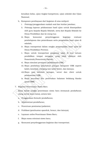 - 70 -
kenaikan kelas, ujian tingkat kompetensi, ujian sekolah dan Ujian
Nasional;
b. Komponen pembiayaan dari kegiatan di atas meliputi:
i. Fotocopy/penggandaan naskah soal dan lembar jawaban;
ii. Fotocopy laporan pelaksanaan hasil ujian untuk disampaikan
oleh guru kepada Kepala Sekolah, serta dari Kepala Sekolah ke
Dinas Pendidikan dan ke orang tua;
iii. Biaya konsumsi penyelenggaran kegiatan evaluasi
pembelajaran dan pemeriksaan serta pengolahan hasil ujian di
sekolah;
iv. Biaya transportasi dalam rangka penyampaian hasil ujian ke
Dinas Pendidikan Provinsi;
v. Biaya untuk transportasi pengawas ujian di luar satuan
pendidikan tempat mengajar yang tidak dibiayai oleh
Pemerintah/Pemerintah Daerah;
vi. Biaya simulasi persiapan pelaksanaan UBK;
vii. Biaya pembelian alat/bahan jaringan komputer UBK seperti
kabel, konektor, crimping tool, kabel tester, dan lainnya;
viii.Biaya jasa instalasi jaringan, server dan client untuk
pelaksanaan UBK;
ix. Biaya penulisan dan pencetakan halaman belakang blanko
ijazah SMK.
7. Kegiatan Penerimaan Siswa Baru
Biaya dalam rangka penerimaan siswa baru (termasuk pendaftaran
ulang untuk siswa lama), antara lain:
a. Penggandaan formulir pendaftaran;
b. Administrasi pendaftaran;
c. Penentuan peminatan/psikotest;
d. Publikasi (pembuatan spanduk, brosur, dan lainnya);
e. Layanan online Penerimaan Siswa Baru;
f. Biaya masa orientasi siswa baru;
g. Konsumsi penyelenggaraan kegiatan dan transportasi.
 