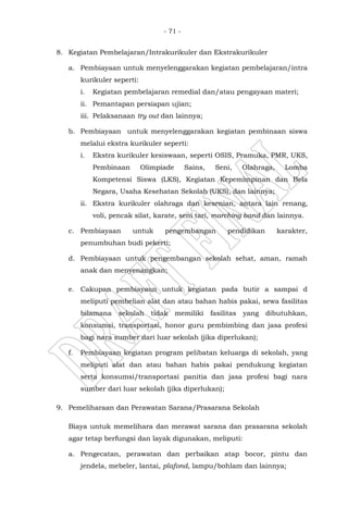 - 71 -
8. Kegiatan Pembelajaran/Intrakurikuler dan Ekstrakurikuler
a. Pembiayaan untuk menyelenggarakan kegiatan pembelajaran/intra
kurikuler seperti:
i. Kegiatan pembelajaran remedial dan/atau pengayaan materi;
ii. Pemantapan persiapan ujian;
iii. Pelaksanaan try out dan lainnya;
b. Pembiayaan untuk menyelenggarakan kegiatan pembinaan siswa
melalui ekstra kurikuler seperti:
i. Ekstra kurikuler kesiswaan, seperti OSIS, Pramuka, PMR, UKS,
Pembinaan Olimpiade Sains, Seni, Olahraga, Lomba
Kompetensi Siswa (LKS), Kegiatan Kepemimpinan dan Bela
Negara, Usaha Kesehatan Sekolah (UKS), dan lainnya;
ii. Ekstra kurikuler olahraga dan kesenian, antara lain renang,
voli, pencak silat, karate, seni tari, marching band dan lainnya.
c. Pembiayaan untuk pengembangan pendidikan karakter,
penumbuhan budi pekerti;
d. Pembiayaan untuk pengembangan sekolah sehat, aman, ramah
anak dan menyenangkan;
e. Cakupan pembiayaan untuk kegiatan pada butir a sampai d
meliputi pembelian alat dan atau bahan habis pakai, sewa fasilitas
bilamana sekolah tidak memiliki fasilitas yang dibutuhkan,
konsumsi, transportasi, honor guru pembimbing dan jasa profesi
bagi nara sumber dari luar sekolah (jika diperlukan);
f. Pembiayaan kegiatan program pelibatan keluarga di sekolah, yang
meliputi alat dan atau bahan habis pakai pendukung kegiatan
serta konsumsi/transportasi panitia dan jasa profesi bagi nara
sumber dari luar sekolah (jika diperlukan);
9. Pemeliharaan dan Perawatan Sarana/Prasarana Sekolah
Biaya untuk memelihara dan merawat sarana dan prasarana sekolah
agar tetap berfungsi dan layak digunakan, meliputi:
a. Pengecatan, perawatan dan perbaikan atap bocor, pintu dan
jendela, mebeler, lantai, plafond, lampu/bohlam dan lainnya;
 