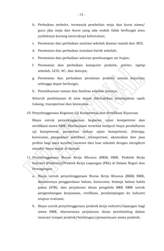 - 72 -
b. Perbaikan mebeler, termasuk pembelian meja dan kursi siswa/
guru jika meja dan kursi yang ada sudah tidak berfungsi atau
jumlahnya kurang mencukupi kebutuhan;
c. Perawatan dan perbaikan sanitasi sekolah (kamar mandi dan WC);
d. Perawatan dan perbaikan instalasi listrik sekolah;
e. Perawatan dan perbaikan saluran pembuangan air hujan;
f. Perawatan dan perbaikan komputer praktek, printer, laptop
sekolah, LCD, AC, dan lainnya;
g. Perawatan dan perbaikan peralatan praktek utama kejuruan
sehingga dapat berfungsi;
h. Pemeliharaan taman dan fasilitas sekolah lainnya;
Seluruh pembiayaan di atas dapat dikeluarkan pembayaran upah
tukang, transportasi dan konsumsi.
10. Penyelenggaraan Kegiatan Uji Kompetensi dan Sertifikasi Kejuruan
Biaya untuk penyelenggaraan kegiatan ujian kompetensi dan
sertifikasi siswa SMK. Pembiayaan tersebut meliputi biaya pendaftaran
uji kompetensi; pembelian bahan ujian kompetensi; fotocopy,
konsumsi, pengadaan sertifikat, transportasi, akomodasi dan jasa
profesi bagi nara sumber/assesor dari luar sekolah dengan mengikuti
standar biaya wajar di daerah.
11. Penyelenggaraan Bursa Kerja Khusus (BKK) SMK, Praktek Kerja
Industri (Prakerin)/Praktek Kerja Lapangan (PKL) di Dalam Negeri dan
Pemagangan
a. Biaya untuk penyelenggaraan Bursa Kerja Khusus (BKK) SMK,
diantaranya penggandaan bahan, konsumsi, belanja bahan habis
pakai (ATK), dan perjalanan dinas pengelola BKK SMK untuk
pengembangan kerjasama, verifikasi, pendampingan ke industri
atapun evaluasi;
b. Biaya untuk penyelenggaraan praktek kerja industri/lapangan bagi
siswa SMK, diantaranya perjalanan dinas pembimbing dalam
mencari tempat praktek/bimbingan/pemantauan siswa praktek;
 