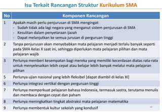 Isu Terkait Rancangan Struktur Kurikulum SMA
No                                 Komponen Rancangan
1    Apakah masih perlu penjurusan di SMA mengingat:
     - Sudah tidak ada lagi negara yang menganut sistem penjurusan di SMA
     - Kesulitan dalam penyetaraan ijazah
     - Dapat melanjutkan ke semua jurusan di perguruan tinggi
2    Tanpa penjurusan akan menyebabkan mata pelajaran menjadi terlalu banyak seperti
     pada SMA Kelas X saat ini, sehingga diperlukan mata pelajaran pilihan dan mata
     pelajaran wajib
3    Perlunya memberi kesempatan bagi mereka yang memiliki kecerdasan diatas rata-rata
     untuk menyelesaikan lebih cepat atau belajar lebih banyak melalui mata pelajaran
     pilihan
5    Perlunya ujian nasional yang lebih fleksibel [dapat diambil di kelas XI]
6    Perlunya integrasi vertikal dengan perguruan tinggi
7    Perlunya memperkuat pelajaran bahasa Indonesia, termasuk sastra, terutama menulis
     dan membaca dengan cepat dan paham
8    Perlunya meningkatkan tingkat abstraksi mata pelajaran matematika
                                                                                 48
9    Perlunya membentuk kultur sekolah yang kondusif
 
