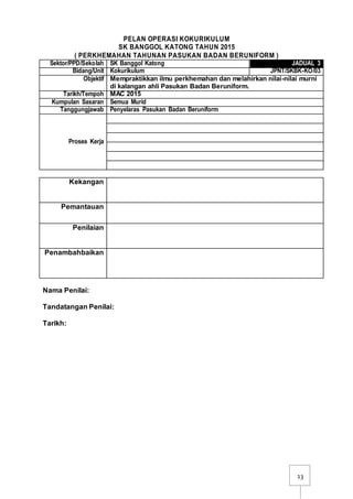 13
PELAN OPERASI KOKURIKULUM
SK BANGGOL KATONG TAHUN 2015
( PERKHEMAHAN TAHUNAN PASUKAN BADAN BERUNIFORM )
Sektor/PPD/Sekolah SK Banggol Katong JADUAL 3
Bidang/Unit Kokurikulum JPNT/SKBK-KO/03
Objektif Mempraktikkan ilmu perkhemahan dan melahirkan nilai-nilai murni
di kalangan ahli Pasukan Badan Beruniform.
Tarikh/Tempoh MAC 2015
Kumpulan Sasaran Semua Murid
Tanggungjawab Penyelaras Pasukan Badan Beruniform
Proses Kerja
Kekangan
Pemantauan
Penilaian
Penambahbaikan
Nama Penilai:
Tandatangan Penilai:
Tarikh:
 