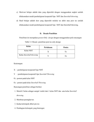 c) Motivasi belajar adalah data yang diperoleh dengan menggunakan angket setelah
dilaksanakan model pembelajaran kooperatif tipe NHT dan Snowball throwing.
d) Hasil belajar adalah skor yang diperoleh melalui tes akhir atau post tes setelah
dilaksanakan model pembelajaran kooperatif tipe NHT dan Snowball throwing.
D. Desain Penelitian
Penelitian ini merupakan postest Only design dengan menggunakan pola rancangan:
Table 3.1 Desain penelitian post tes only design
Kelas
Perlakuan Postes
Kelas NHT
X O1
Kelas Snowball throwing
Y O2
Keterangan:
X : pembelajaran kooperatif tipe NHT
Y : pembelajaran kooperatif tipe Snowball Throwing
O1 : postest pada kelas NHT
O2 : postest pada kelas Snowball Throwing
Rancangan penelitian sebagai berikut:
1. Memili 2 kelas sebagai sampel terdiri dari 1 kelas NHT dan satu kelas Snowball
throwing.
2. Membuat perangkat tes
3. Kedua kelompok diberi pre tes
4. Pembagian kelompok yang heterogen
 