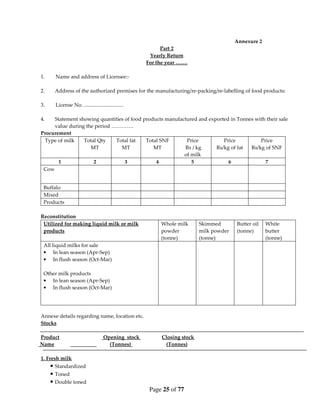 Annexure 2
                                                          Part 2
                                                     Yearly Return
                                                    For the year …….

1.     Name and address of Licensee:-

2.    Address of the authorized premises for the manufacturing/re-packing/re-labelling of food products:

3.     License No. ..............................

4.   Statement showing quantities of food products manufactured and exported in Tonnes with their sale
     value during the period ………….
Procurement
 Type of milk    Total Qty    Total fat    Total SNF       Price          Price          Price
                    MT          MT            MT          Rs / kg      Rs/kg of fat  Rs/kg of SNF
                                                          of milk
       1             2            3            4             5              6              7
 Cow


 Buffalo
 Mixed
 Products

Reconstitution
 Utilized for making liquid milk or milk                 Whole milk       Skimmed       Butter oil   White
 products                                                powder           milk powder   (tonne)      butter
                                                         (tonne)          (tonne)                    (tonne)
 All liquid milks for sale
 • In lean season (Apr-Sep)
 • In flush season (Oct-Mar)

 Other milk products
 • In lean season (Apr-Sep)
 • In flush season (Oct-Mar)




Annexe details regarding name, location etc.
Stocks

Product                             Opening stock         Closing stock
Name                                  (Tonnes)             (Tonnes)

1. Fresh milk
     • Standardized
     • Toned
     • Double toned
                                                     Page 25 of 77
 