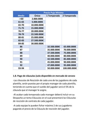 Media
Precio Puja Mínimo
Único 1 Temporada 2 Temporada
-=60 2.000.000€
61-65 5.000.000€
65-70 10.000.000€
71-75 15.000.000€
76-77 20.000.000€
78-79 22.500.000€
80-81 25.000.000€
82-83 27.500.000€
84-85 30.000.000€
86 32.500.000€ 65.000.000€
87 35.000.000€ 70.000.000€
88 37.500.000€ 75.000.000€
89 40.000.000€ 80.000.000€
90 42.500.000€ 85.000.000€
91 45.000.000€ 90.000.000€
92 47.000.000€ 95.000.000€
93-94 50.000.000€ 100.000.000€
1.8. Pago de cláusulas (solo disponible en mercado de verano
-Las cláusulas de Rescisión de cada uno de los jugadores de cada
plantilla, serán puestas por el propio manager de cada plantilla,
teniendo en cuenta que el sueldo del jugador será el 5% de la
cláusula que el manager le asigne.
-Al acabar cada temporada cada manager deberá incluir en su
Despacho un tema Cláusulas en el cual presentará las Cláusulas
de rescisión de contrato de cada jugador.
-A cada equipo le pueden fichar máximo 2 de sus jugadores
pagando el precio de la Cláusula de rescisión del jugador.
 