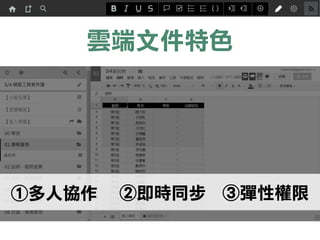 雲端文件特色
①多人協作 ②即時同步 ③彈性權限
 