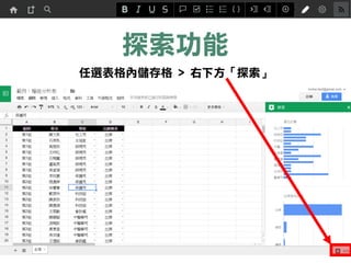 探索功能
任選表格內儲存格 > 右下方「探索」
 