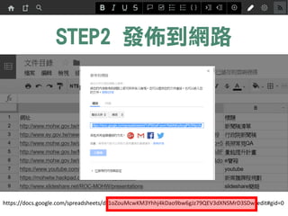 STEP2 發佈到網路
https://docs.google.com/spreadsheets/d/1oZouMcwKM3Yhhj4kDao9bw6gJz79QEV3dXNSMrD3SDw/edit#gid=0
 