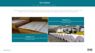 Dummy text ever since the 1500s, when an unknown printer took a galley of type and scrambled it to make a type
specimen book. It has survived not only five centuries, but also the leap into electronic typesetting.
PRODUCT 01
Lorem ipsum dolor sit amet consectetur sagitis purus dolor sit amet
consectetur sagitis.
PRODUCT 02
Lorem ipsum dolor sit amet consectetur sagitis purus dolor sit amet
consectetur sagitis.
www.dmi.ca
Our product
Y o u r G r e a t s u b t i t l e H e r e .
 