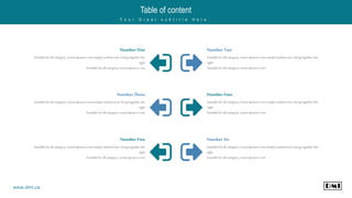 Table of content
Y o u r G r e a t s u b t i t l e H e r e .
www.dmi.ca
Number One
Suitableforallcategory, Lorem Ipsum isnot simplyrandomtext. bring togetherthe
right
Suitableforallcategory, Lorem Ipsum isnot
Number Three
Suitableforallcategory, Lorem Ipsum isnot simplyrandomtext. bring togetherthe
right
Suitableforallcategory, Lorem Ipsum isnot
Number Five
Suitableforallcategory, Lorem Ipsum isnot simplyrandomtext. bring togetherthe
right
Suitableforallcategory, Lorem Ipsum isnot
Number Two
Suitableforallcategory, Lorem Ipsum isnot simplyrandomtext. bring togetherthe
right
Suitableforallcategory, Lorem Ipsum isnot
Number Four
Suitableforallcategory, Lorem Ipsum isnot simplyrandomtext. bringtogetherthe
right
Suitableforallcategory, Lorem Ipsum isnot
Number Six
Suitableforallcategory, Lorem Ipsum isnot simplyrandomtext. bring togetherthe
right
Suitableforallcategory, Lorem Ipsum isnot
 