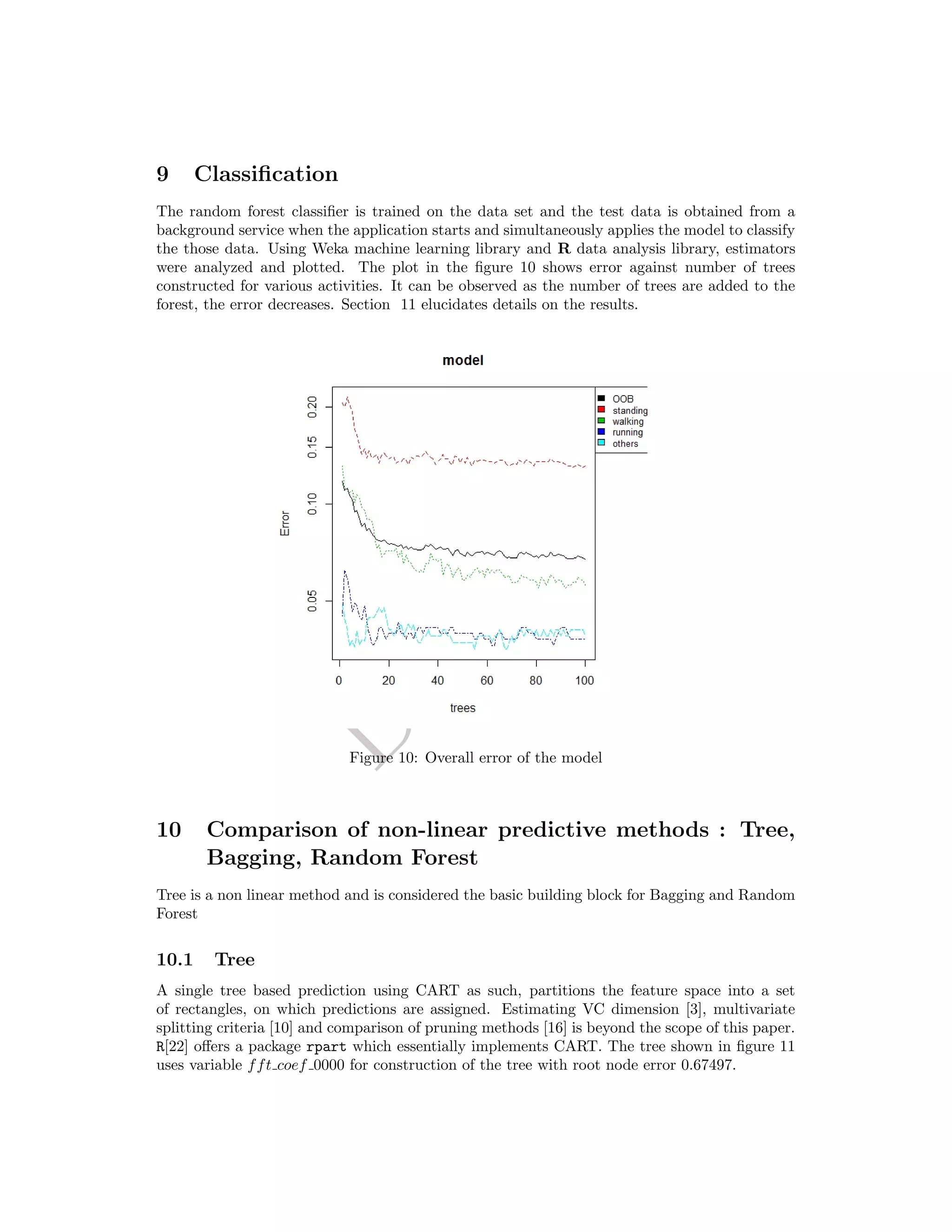 DRAFT
9 Classiﬁcation
The random forest classiﬁer is trained on the data set and the test data is obtained from a
background service when the application starts and simultaneously applies the model to classify
the those data. Using Weka machine learning library and R data analysis library, estimators
were analyzed and plotted. The plot in the ﬁgure 10 shows error against number of trees
constructed for various activities. It can be observed as the number of trees are added to the
forest, the error decreases. Section 11 elucidates details on the results.
Figure 10: Overall error of the model
10 Comparison of non-linear predictive methods : Tree,
Bagging, Random Forest
Tree is a non linear method and is considered the basic building block for Bagging and Random
Forest
10.1 Tree
A single tree based prediction using CART as such, partitions the feature space into a set
of rectangles, on which predictions are assigned. Estimating VC dimension [3], multivariate
splitting criteria [10] and comparison of pruning methods [16] is beyond the scope of this paper.
R[22] oﬀers a package rpart which essentially implements CART. The tree shown in ﬁgure 11
uses variable fft coef 0000 for construction of the tree with root node error 0.67497.
 