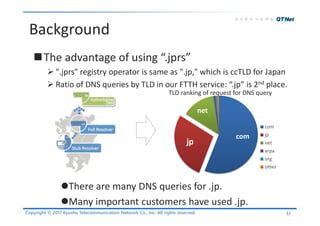 Copyright © 2017 Kyushu Telecommunication Network Co., Inc. All rights reserved.
Background
31
com
jp
net
arpa
org
other
TLD ranking of request for DNS query
jp
com
net
The advantage of using “.jprs”
 ".jprs" registry operator is same as ".jp," which is ccTLD for Japan
 Ratio of DNS queries by TLD in our FTTH service: “.jp” is 2nd place.
There are many DNS queries for .jp.
Many important customers have used .jp.
 