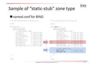 Sample of “static-stub” zone type
named.conf for BIND
Copyright © 2017 Japan Registry Services Co., Ltd. 37
% cat /etc/named-without-localnode.conf
(snip)
zone "jprs." {
type static-stub;
server-addresses {
// Global Nodes (JPRS)
103.47.2.1; // tld1.nic.jprs
2001:dda::1; // tld1.nic.jprs
117.104.133.16; // tld2.nic.jprs
2001:218:3001::1; // tld2.nic.jprs
65.22.40.1; // tld3.nic.jprs
2a01:8840:1ba::1; // tld3.nic.jprs
103.198.210.1; // tld4.nic.jprs
2403:2880::1; // tld4.nic.jprs
65.22.40.129; // tld5.nic.jprs
2a01:8840:1ba::129; // tld5.nic.jprs
};
};
(snip)
% cat /etc/named-with-localnode.conf
(snip)
zone "jprs." {
type static-stub;
server-addresses {
// Global Nodes (JPRS)
103.47.2.1; // tld1.nic.jprs
2001:dda::1; // tld1.nic.jprs
117.104.133.16; // tld2.nic.jprs
2001:218:3001::1; // tld2.nic.jprs
65.22.40.1; // tld3.nic.jprs
2a01:8840:1ba::1; // tld3.nic.jprs
// 103.198.210.1; // tld4.nic.jprs
// 2403:2880::1; // tld4.nic.jprs
65.22.40.129; // tld5.nic.jprs
2a01:8840:1ba::129; // tld5.nic.jprs
// Local Nodes (ISP)
192.0.2.53; // tld4.nic.jprs
2001:db8::53; // tld4.nic.jprs
};
};
(snip)
Add
Rem
 