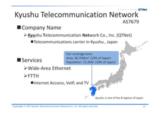 Copyright © 2017 Kyushu Telecommunication Network Co., Inc. All rights reserved.
Kyushu Telecommunication Network
27
Company Name
Kyushu Telecommunication Network Co., Inc. (QTNet)
Telecommunications carrier in Kyushu , Japan
Services
Wide-Area Ethernet
FTTH
Internet Accsess, VoIP, and TV
AS7679
Our coverage area:
Area: 36.750km2 (10% of Japan)
Population: 13.2Mil. (10% of Japan)
Kyushu is one of the 8 regions of Japan
 
