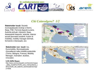 Chi Coinvolgere?  1/2 . Stakeholder locali:  Società municapalizzate (Cotrap e Arem), Seap, FSE, Ferrovie Appulo-Lucane, Autorità portuali, Interporti, Seap, Assessarati trasporto, aziende, istanze sociali (lavoratori,studenti, fruitori di mobilità), mobility manager (formati, formandi e interessati), ecc Stakeholder non  locali:  Ics, Euromobility, Municipalizzate d’eccellenza nella mobilità sostenibile (Torino, Bologna, Firenze), Mobility Manager, ricercatori, studiosi, innovatori. Link delle  Mappe:  http://www.communitywalk.com/taranto/mappa_della_mobilit%C3%A0_area_metropolitana_citt%C3%A0_del_stalento_tarantosalento/map/214558 In collaborazione con: 