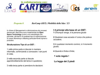 Proposta 0   BarCamp (OST) : Mobilità   delle Idee  2/3 In chiave di Management e ottimizzazione dei processi decisionali i BarCamp sono implementati da  Open Space Technology  ovvero una metodologia che permette, all’interno di qualsiasi tipo di organizzazione di creare  Workshop  e  Meeting  particolarmente ispirati e produttivi. Strutturazione Tipo di un OST : 1 nella prima parte si discute in maniera informale, cominciando a conoscere i vari punti di vista;  2   nella seconda parte si discute approfonditamente del tema in questione;   3 nella terza parte si prendono le decisioni .  I 4 principi alla base di un OST: 1  Chiunque venga, è la persona giusta   2  Qualsiasi cosa accada è l’unica che poteva accadere ;   3  In qualsiasi momento cominci, è il momento giusto ;  4  Quando è finita è finita ;  . 1 sola regola ! La legge dei 2 piedi In collaborazione con: 