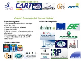 Dotazioni e Sponsor potenziali.  Convegno-Workshop .  . Dotazione Logistica: Struttura ricettiva con 1 aula convegno fino a 300  posti. Aule complementari workshop Dotazione Wi-Fi Convenzioni con 1-2 strutture ricettive e alberghiere. Buona acustica o impianto amplificato Possibilità di disporre di sala buffet, coffee break. Sponsor Istituzionali: Possibili Main Sponsor: . In collaborazione con: 