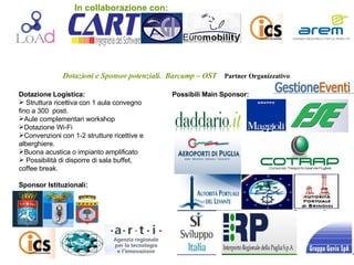 Dotazioni e Sponsor potenziali.  Barcamp – OST  Partner Organizzativo  .  . Dotazione Logistica: Struttura ricettiva con 1 aula convegno fino a 300  posti. Aule complementari workshop Dotazione Wi-Fi Convenzioni con 1-2 strutture ricettive e alberghiere. Buona acustica o impianto amplificato Possibilità di disporre di sala buffet, coffee break. Sponsor Istituzionali: Possibili Main Sponsor: . In collaborazione con: 