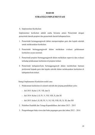 BAB III
STRATEGI IMPLEMENTASI

A. Implementasi Kurikulum
Implementasi kurikulum adalah usaha bersama antara Pemerintah dengan
pemerintah daerah propinsi dan pemerintah daerah kabupaten/kota.
1. Pemerintah bertanggungjawab dalam mempersiapkan guru dan kepala sekolah
untuk melaksanakan kurikulum.
2. Pemerintah

bertanggungjawab

dalam

melakukan

evaluasi

pelaksanaan

kurikulum secara nasional.
3. Pemerintah propinsi bertanggungjawab dalam melakukan supervisi dan evaluasi
terhadap pelaksanaan kurikulum di propinsi terkait.
4. Pemerintah kabupaten/kota bertanggungjawab dalam memberikan bantuan
profesional kepada guru dan kepala sekolah dalam melaksanakan kurikulum di
kabupaten/kota terkait.

Stategi Implementasi Kurikulum terdiri atas:
1. Pelaksanaan kurikulum di seluruh sekolah dan jenjang pendidikan yaitu:
- Juli 2013: Kelas I, IV, VII, dan X
- Juli 2014: Kelas I, II, IV, V, VII, VIII, X, dan XI
- Juli 2015: kelas I, II, III, IV, V, VI, VII, VIII, IX, X, XI, dan XII
2. Pelatihan Pendidik dan Tenaga Kependidikan, dari tahun 2013 – 2015
3. Pengembangan buku siswa dan buku pegangan guru dari tahun 2012 – 2014

19

 