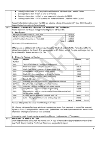    Correspondence item 5: CM proposed £14 contribution. Seconded by BT. Motion carried.
               Correspondence item 9: Clerk to write to Mr Hands.
               Correspondence item 10: Clerk to send playground information to SMRA.
               Correspondence item 14: CM to attend and make contact with Chiseldon Parish Council.

                                                                                               th
        Russell Holland informed members that SBC are adopting a Code of Conduct on 20 June 2012. Russell to
        forward further information to Parish Council.
79/12   FINANCE: STATEMENT & CHEQUES FOR APPROVAL AND SIGNATURE
                                                                     th
        Finance Statement and Cheques for Approval and Signature – 19 June 2012
        1. Bank Accounts
          RBS High interest Account as at 1 June 2012                           21821.35
          RBS Business Account as at 30 May 2012                                 1071.96
          United Trust Bank Account as at 2 April 2012                          41357.64
                                                                         Total: 64250.95
        NB Includes £25 from allotment rent.

        CM proposed an additional £20 for flowers purchased by Rita Smith on behalf of the Parish Council for the
        jubilee flower display in the Church. This was seconded by BT. Motion carried. The total contribution from the
        Parish Council for flowers was just under £50.

        2. Cheques for Approval and Signature
         Cheque       Payment                                                                       Amount      VAT
         Number
         1682         *Aon – 2012-13 Parish Council insurance renewal                          1637.73
         1683         Mrs G Cheal (Clerk) – Salary for May 2012                                  356.76
         1684         Mrs G Cheal (Clerk) – expenses for May and June 2012                       182.85
         1685         The Proof Fairy – Flyer for June Village Meeting                            17.50
         1686         Rita Smith – flowers purchased for Church Ref. Jubilee                      49.20
         1687         Stratton Garden Contractors – May grass cutting                            314.00
         1688         Cancelled Cheque
         1689         Stratton St Margaret Parish Council – May dog waste collection                 120.00    20.00
         1690         Barry Thunder – Expenses for June village meeting                               22.00
         1691         Colporteur – printing for flyer ref. June village meeting                       87.50
         1692         Jenny McEwen – Expenses for June village meeting                               121.98
         1693         Mercure Hotel – room hire, conference facilities and banqueting food           367.90    61.32
                      for June village meeting
         1694         Accounts & Audit Services Ltd – Internal Audit Fee                             243.60    40.60
         1695         SMRA – Ref. Highworth Silver Band for July village fete                        150.00
                                                                                       TOTAL        3671.02   121.92
                                                                   th
        *Cheque 1682 signed at the Annual Parish Meeting on 29 May.

        SB informed members of an issue with the accounts spread sheet. This may result in some of the year-end
        figures for 2011-12 being incorrect. SB will correct spread sheet. SB/Clerk to provide members with accurate
        information when spread sheet has been corrected.

                                                                                        th
        JL agreed to check through invoice received from Mercure Hotel regarding 12 June event.
80/12   APPROVAL OF ANNUAL RETURN
        Clerk read comments arising from the internal audit. A copy of the report will be provided to members for the
        July Parish Council meeting. The Annual Return was approved and signed.


                                                                                                                         4
 