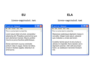 EU
livro-capitulo1.txt
ELA
livro-capitulo2.txt
Lorem ipsum dolor sit amet, consectetur
adipiscing elit. Phasellus euismod dui quis
sem elementum laoreet. Mauris porttitor
mauris ac purus faucibus pellentesque.
Donec sed lorem a purus venenatis
pretium vitae in augue. Donec dui tellus,
ornare in facilisis sagittis, bibendum sit
amet purus.
Maecenas scelerisque dignissim massa in
convallis. Integer turpis ipsum, placerat
quis molestie a, ornare sed lorem.
Curabitur lacinia ipsum id arcu luctus a
ultrices mi imperdiet. Nunc laoreet, est in
dignissim pulvinar, nibh velit accumsan
lorem, ac vestibulum nisl tortor tincidunt
nisl.
 