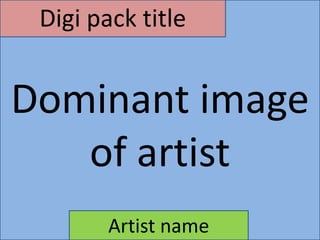 Digi pack title


Dominant image
   of artist
        Artist name
 