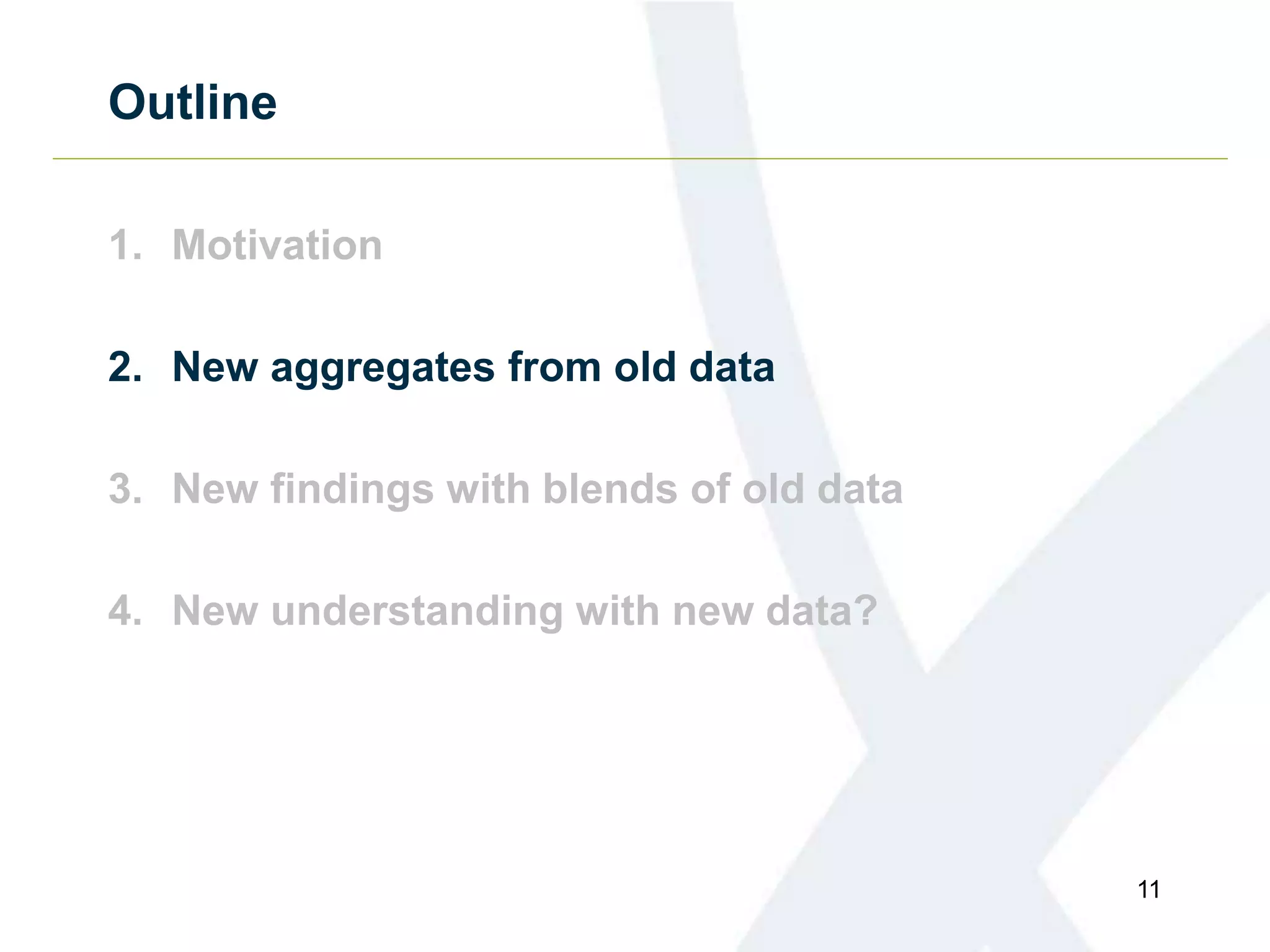 Outline
1. Motivation
2. New aggregates from old data
3. New findings with blends of old data
4. New understanding with new data?
11
 