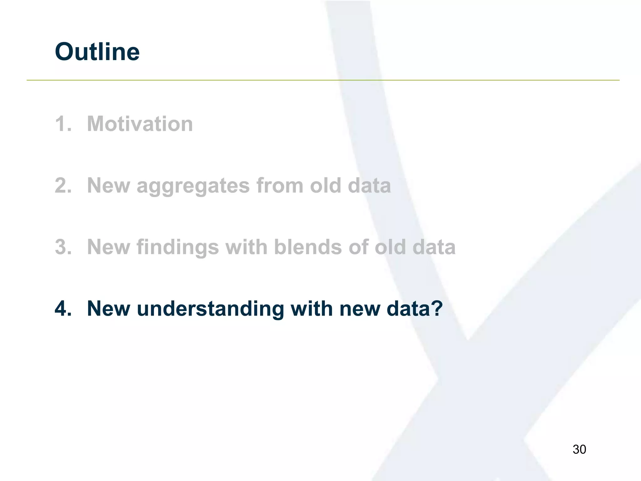 Outline
1. Motivation
2. New aggregates from old data
3. New findings with blends of old data
4. New understanding with new data?
30
 
