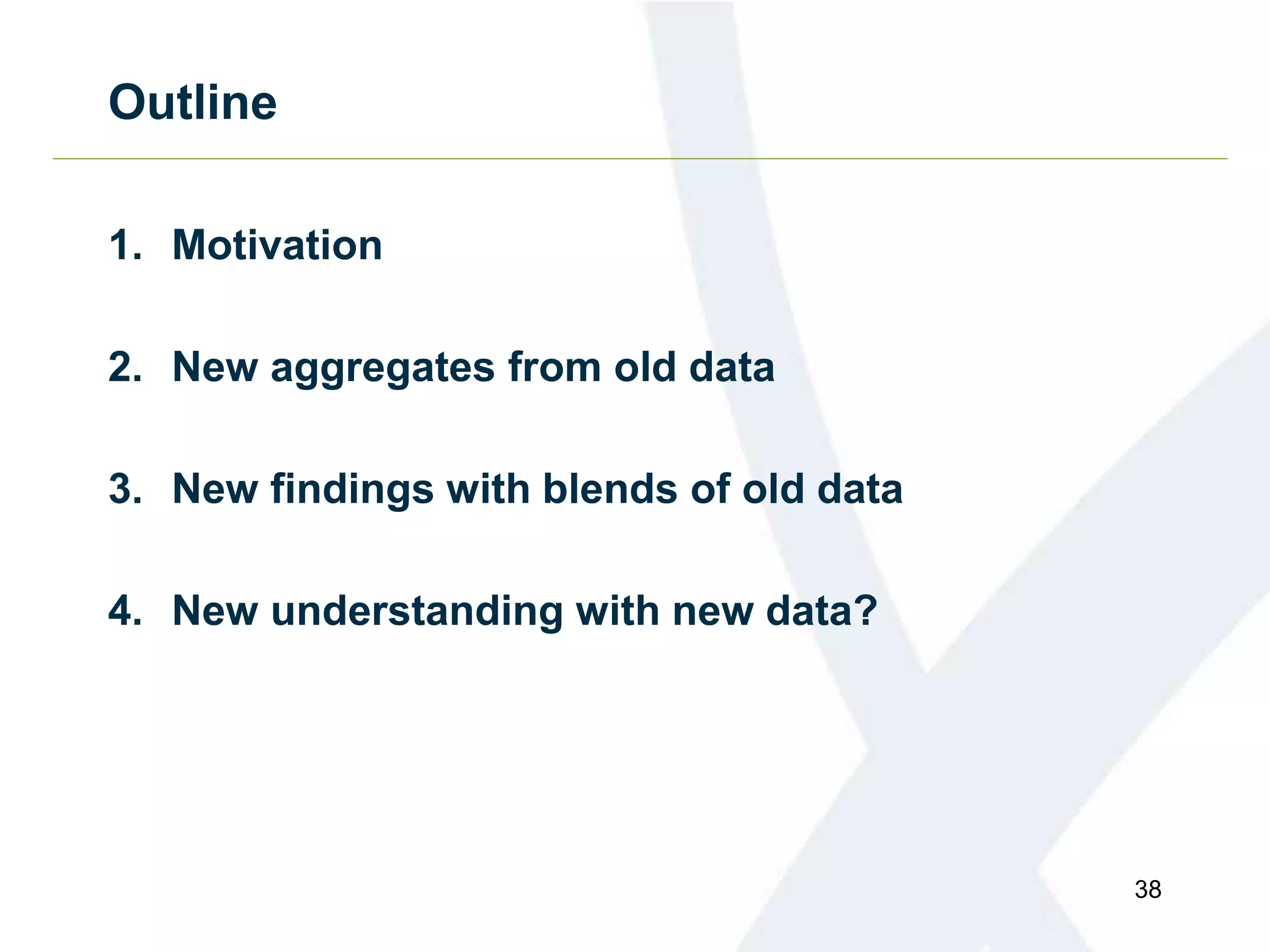 Outline
1. Motivation
2. New aggregates from old data
3. New findings with blends of old data
4. New understanding with new data?
38
 