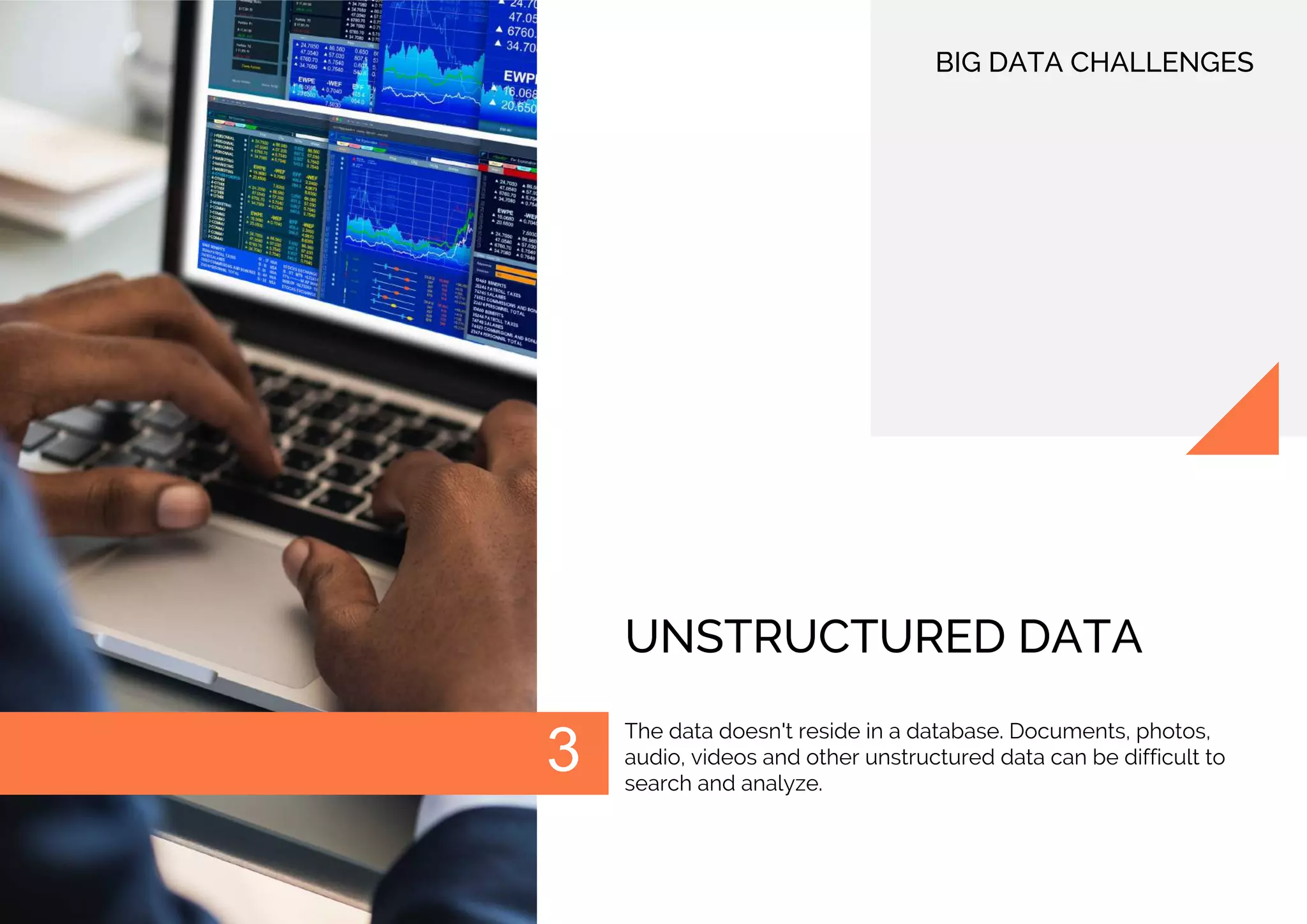 The data doesn't reside in a database. Documents, photos,
audio, videos and other unstructured data can be difficult to
search and analyze.
UNSTRUCTURED DATA
BIG DATA CHALLENGES
 