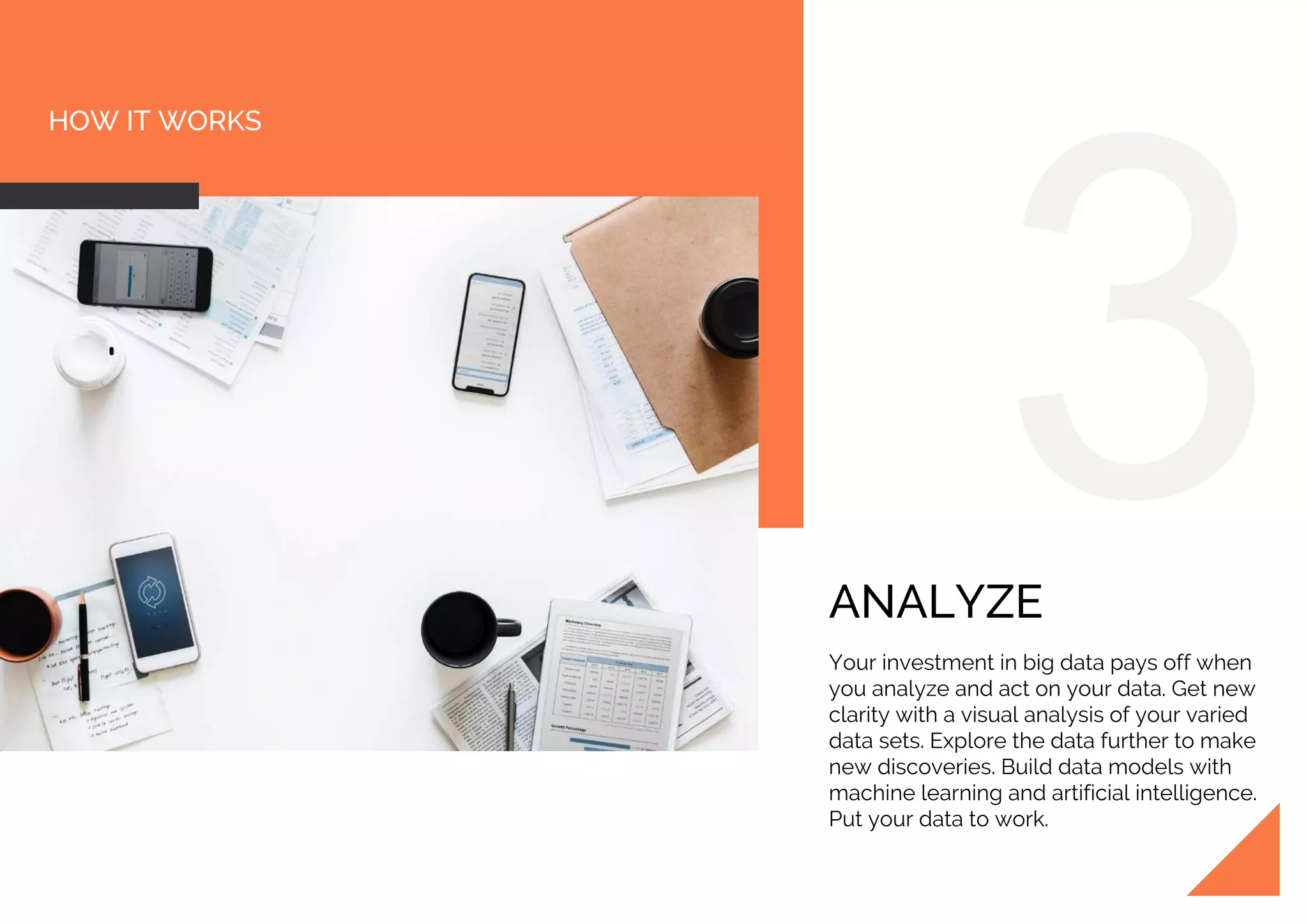 HOW IT WORKS
ANALYZE
Your investment in big data pays off when
you analyze and act on your data. Get new
clarity with a visual analysis of your varied
data sets. Explore the data further to make
new discoveries. Build data models with
machine learning and artificial intelligence.
Put your data to work.
 