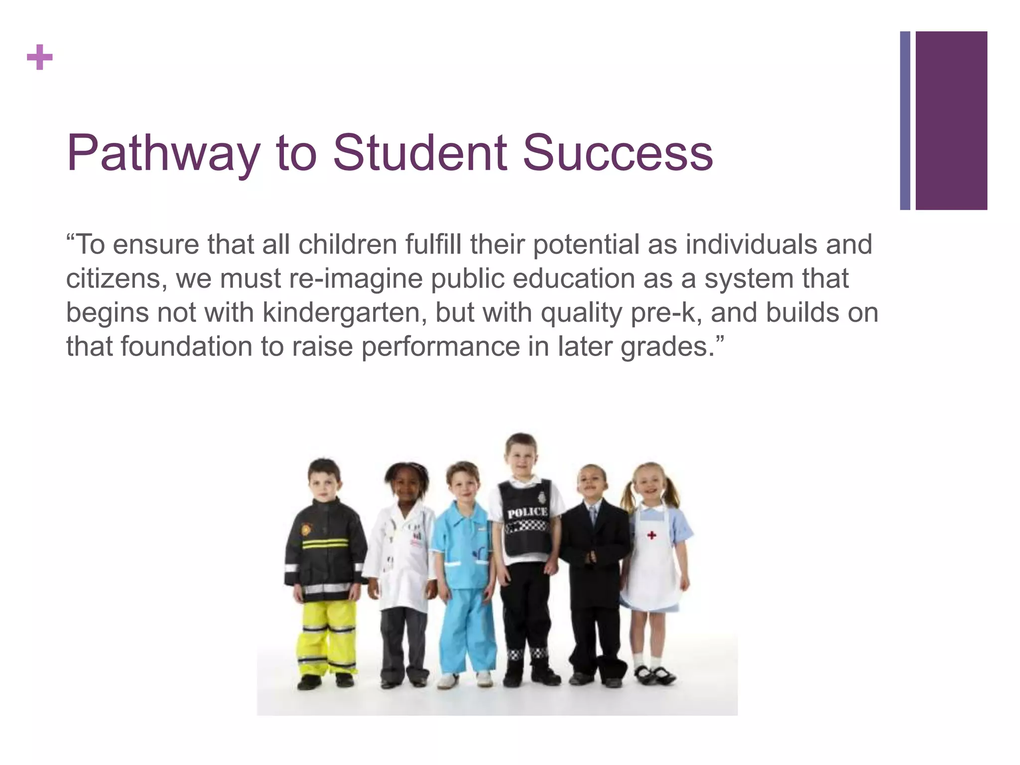 +
    Pathway to Student Success
    “To ensure that all children fulfill their potential as individuals and
    citizens, we must re-imagine public education as a system that
    begins not with kindergarten, but with quality pre-k, and builds on
    that foundation to raise performance in later grades.”
 