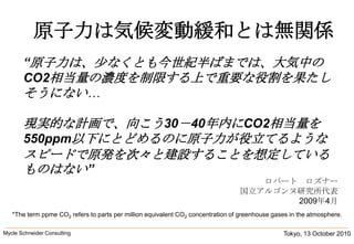 Tokyo, 13 October 2010Mycle Schneider Consulting               原子力は気候変動緩和とは無関係“原子力は、少なくとも今世紀半ばまでは、大気中のCO2相当量の濃度を制限する上で重要な役割を果たしそうにない… 現実的な計画で、向こう30－40年内にCO2相当量を550ppm以下にとどめるのに原子力が役立てるようなスピードで原発を次々と建設することを想定しているものはない”ロバート　ロズナー国立アルゴンヌ研究所代表2009年4月*The term ppme CO2 refers to parts per million equivalent CO2 concentration of greenhouse gases in the atmosphere.