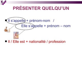 PRÉSENTER QUELQU’UN Il s’appelle + prénom-nom  /  Elle s’appelle + prénom – nom Il / Elle est + nationalité / profession 