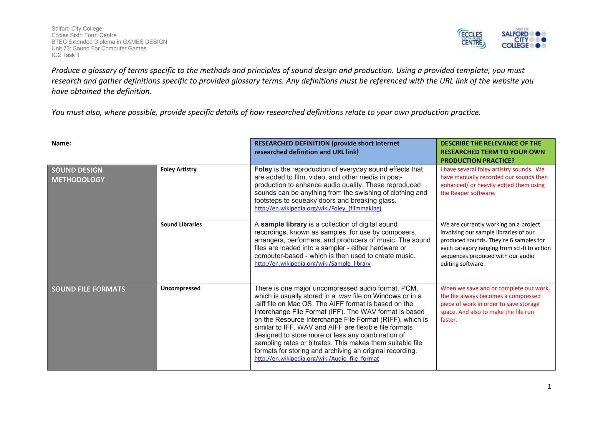 Salford City College
Eccles Sixth Form Centre
BTEC Extended Diploma in GAMES DESIGN
Unit 73: Sound For Computer Games
IG2 Task 1
1
Produce a glossary of terms specific to the methods and principles of sound design and production. Using a provided template, you must
research and gather definitions specific to provided glossary terms. Any definitions must be referenced with the URL link of the website you
have obtained the definition.
You must also, where possible, provide specific details of how researched definitions relate to your own production practice.
Name: RESEARCHED DEFINITION (provide short internet
researched definition and URL link)
DESCRIBE THE RELEVANCE OF THE
RESEARCHED TERM TO YOUR OWN
PRODUCTION PRACTICE?
SOUND DESIGN
METHODOLOGY
Foley Artistry Foley is the reproduction of everyday sound effects that
are added to film, video, and other media in post-
production to enhance audio quality. These reproduced
sounds can be anything from the swishing of clothing and
footsteps to squeaky doors and breaking glass.
http://en.wikipedia.org/wiki/Foley_(filmmaking)
I have several foley artistry sounds. We
have manually recorded our sounds then
enhanced/ or heavily edited them using
the Reaper software.
Sound Libraries A sample library is a collection of digital sound
recordings, known as samples, for use by composers,
arrangers, performers, and producers of music. The sound
files are loaded into a sampler - either hardware or
computer-based - which is then used to create music.
http://en.wikipedia.org/wiki/Sample_library
We are currently working on a project
involving our sample libraries of our
produced sounds. They’re 6 samples for
each category ranging from sci-fi to action
sequences produced with our audio
editing software.
SOUND FILE FORMATS Uncompressed There is one major uncompressed audio format, PCM,
which is usually stored in a .wav file on Windows or in a
.aiff file on Mac OS. The AIFF format is based on the
Interchange File Format (IFF). The WAV format is based
on the Resource Interchange File Format (RIFF), which is
similar to IFF. WAV and AIFF are flexible file formats
designed to store more or less any combination of
sampling rates or bitrates. This makes them suitable file
formats for storing and archiving an original recording.
http://en.wikipedia.org/wiki/Audio_file_format
When we save and or complete our work,
the file always becomes a compressed
piece of work in order to save storage
space. And also to make the file run
faster.
 