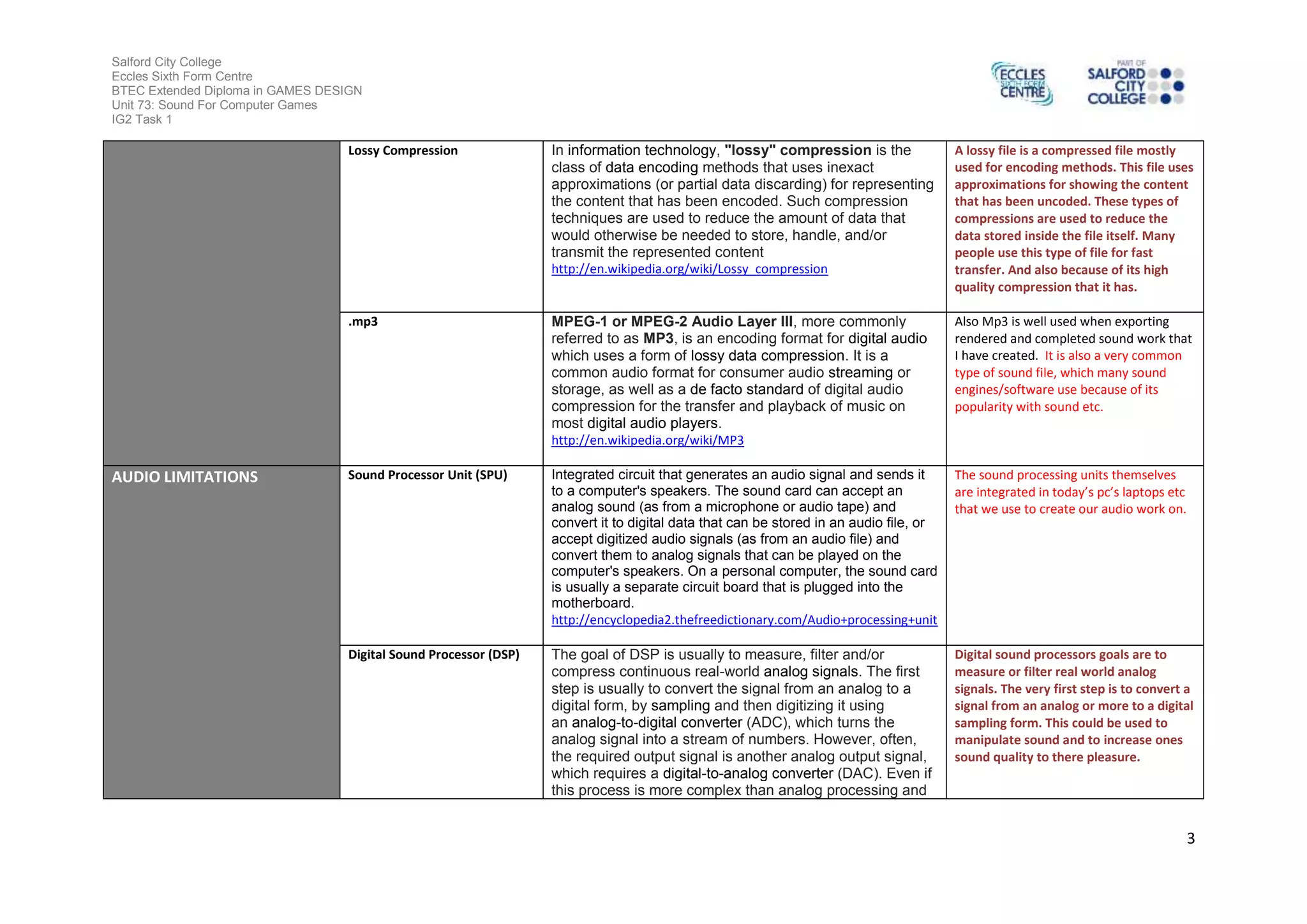 Salford City College
Eccles Sixth Form Centre
BTEC Extended Diploma in GAMES DESIGN
Unit 73: Sound For Computer Games
IG2 Task 1
3
Lossy Compression In information technology, "lossy" compression is the
class of data encoding methods that uses inexact
approximations (or partial data discarding) for representing
the content that has been encoded. Such compression
techniques are used to reduce the amount of data that
would otherwise be needed to store, handle, and/or
transmit the represented content
http://en.wikipedia.org/wiki/Lossy_compression
A lossy file is a compressed file mostly
used for encoding methods. This file uses
approximations for showing the content
that has been uncoded. These types of
compressions are used to reduce the
data stored inside the file itself. Many
people use this type of file for fast
transfer. And also because of its high
quality compression that it has.
.mp3 MPEG-1 or MPEG-2 Audio Layer III, more commonly
referred to as MP3, is an encoding format for digital audio
which uses a form of lossy data compression. It is a
common audio format for consumer audio streaming or
storage, as well as a de facto standard of digital audio
compression for the transfer and playback of music on
most digital audio players.
http://en.wikipedia.org/wiki/MP3
Also Mp3 is well used when exporting
rendered and completed sound work that
I have created. It is also a very common
type of sound file, which many sound
engines/software use because of its
popularity with sound etc.
AUDIO LIMITATIONS Sound Processor Unit (SPU) Integrated circuit that generates an audio signal and sends it
to a computer's speakers. The sound card can accept an
analog sound (as from a microphone or audio tape) and
convert it to digital data that can be stored in an audio file, or
accept digitized audio signals (as from an audio file) and
convert them to analog signals that can be played on the
computer's speakers. On a personal computer, the sound card
is usually a separate circuit board that is plugged into the
motherboard.
http://encyclopedia2.thefreedictionary.com/Audio+processing+unit
The sound processing units themselves
are integrated in today’s pc’s laptops etc
that we use to create our audio work on.
Digital Sound Processor (DSP) The goal of DSP is usually to measure, filter and/or
compress continuous real-world analog signals. The first
step is usually to convert the signal from an analog to a
digital form, by sampling and then digitizing it using
an analog-to-digital converter (ADC), which turns the
analog signal into a stream of numbers. However, often,
the required output signal is another analog output signal,
which requires a digital-to-analog converter (DAC). Even if
this process is more complex than analog processing and
Digital sound processors goals are to
measure or filter real world analog
signals. The very first step is to convert a
signal from an analog or more to a digital
sampling form. This could be used to
manipulate sound and to increase ones
sound quality to there pleasure.
 