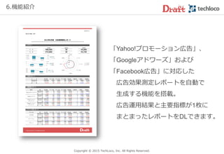Copyright © 2017 TechLoco, Inc. All Rights Reserved.
4. 登録者（依頼主様）
クラウドファンディングでの資金調達もサポートします
（ネット広告による拡散、文章執筆代行）
ネット広告運用代行 文章執筆代行
 
