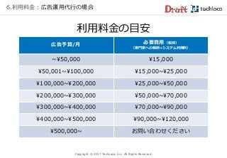 Copyright © 2017 TechLoco, Inc. All Rights Reserved.
6.利用料金：広告運用代行の場合
広告予算/月 必要費用（税別）
（専門家への報酬+システム利用料）
~¥50,000 ¥15,000
¥50,001~¥100,000 ¥15,000~¥25,000
¥100,000~¥200,000 ¥25,000~¥50,000
¥200,000~¥300,000 ¥50,000~¥70,000
¥300,000~¥400,000 ¥70,000~¥90,000
¥400,000~¥500,000 ¥90,000~¥120,000
¥500,000~ お問い合わせください
利用料金の目安
 