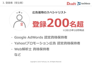 Copyright © 2017 TechLoco, Inc. All Rights Reserved.
3. 登録者（受注者）
＜経歴＞
ネット広告最大手代理店に入社後、
5年目で広告運用部門の部長に昇格。
役職者になってからも現場第一主義で
ネット広告運用に携わり、2015年に
活躍の場を広げるために独立。
FacebookやTwitter、LINE、動画など、
幅広い範囲で対応可能。
＜対応範囲＞
各種ネット広告運用
Webマーケティング全般での相談
＜経歴＞
リスティング広告運用歴は9年。
外資系ネット広告代理店で経験を積んだのち
に、自社メディア・サービスを多く抱える
ネット系企業にて社内運用者を束ねる責任者
に就任。2015年５月に独立。
セミナー登壇多数。
＜対応範囲＞
各種ネット広告運用
広告運用のインハウス化支援
＜経歴＞
中小企業のWebマーケティング支援を
行うベンチャー企業に入社。
自社メディアの運用・管理を担当後、
現在はランディングページの構成案
作成などに従事。
お客様のWebマーケティング成果改善を
支援するために日々奮闘中。
＜対応範囲＞
ランディングページ構成、バナー作成
成約率UPのためのWebサイト改善設計
 