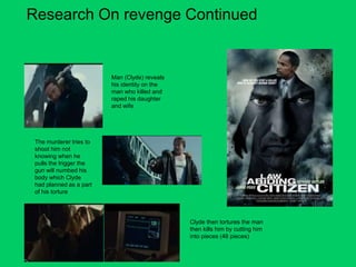 Research On revenge Continued


                         Man (Clyde) reveals
                         his identity on the
                         man who killed and
                         raped his daughter
                         and wife




 The murderer tries to
 shoot him not
 knowing when he
 pulls the trigger the
 gun will numbed his
 body which Clyde
 had planned as a part
 of his torture




                                               Clyde then tortures the man
                                               then kills him by cutting him
                                               into pieces (48 pieces)
 