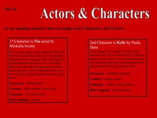 Part H



In our opening sequence there are going to be 2 characters and 2 actors.


  1st Character is Nia acted by                      2nd Character is Kylie by Paula
  Mickella Swaby                                     Duru
  Nia is a shy, lonely, quiet character, Nia is in   Kylie doesn’t have much of a role in the
  her own world. She is shown to be mentally         sequence but she is a friend of Nia. She does
  disturbed in the sequence. She's not much of       seem to worry about Nia a lot because of her
  a bold character but she is very vulnerable.       shy behaviour. But she lives around the area,
  She's gone through past experiences which          and she greets Nia from time to time.
  made her have a sort of abnormal behaviour
  or is she just seeing things that are not really   Stereotype – confident, cheerful
  there.                                             Costume – bright, stylish
  Stereotype – hidden, alone                         Language – modern, slang, talkative
  Costume – dark clothing, winter wear               Body language – loud and proud
  Language – low toned voice.
  Body language - hostile
 