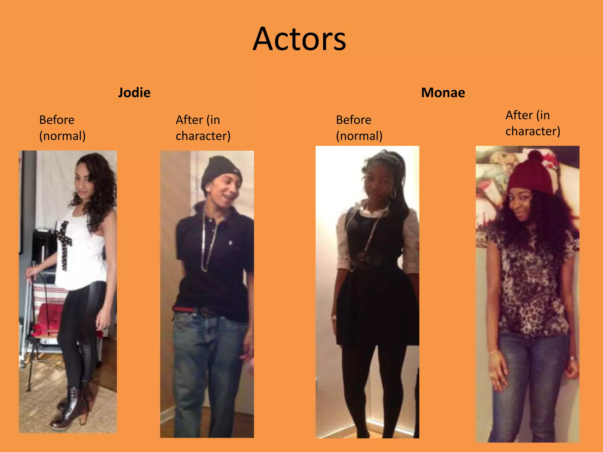 Actors
           Jodie                                Monae
Before             After (in         Before             After (in
(normal)           character)        (normal)           character)
 