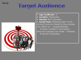 Part Q




          Age Certificate: 15
          Location: Worldwide
          Gender: Both Genders
          Social Class: Working Class/ Youth
          Must have an interest in how society
         can affect on people lifestyles
             Open minded to the reason
         why/how people can make mistakes.
             Sense of empathy
 