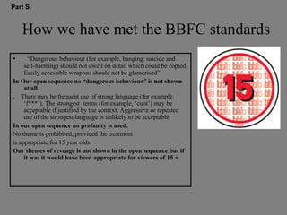 Part S


    How we have met the BBFC standards
•      “Dangerous behaviour (for example, hanging, suicide and
     self-harming) should not dwell on detail which could be copied.
     Easily accessible weapons should not be glamorised”
In Our open sequence no “dangerous behaviour” is not shown
     at all.
. There may be frequent use of strong language (for example,
     „f***‟). The strongest terms (for example, „cunt‟) may be
     acceptable if justified by the context. Aggressive or repeated
     use of the strongest language is unlikely to be acceptable
In our open sequence no profanity is used.
No theme is prohibited, provided the treatment
is appropriate for 15 year olds.
Our themes of revenge is not shown in the open sequence but if
     it was it would have been appropriate for viewers of 15 +
 