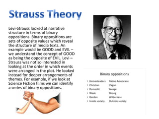 Levi-Strauss looked at narrative
structure in terms of binary
oppositions. Binary oppositions are
sets of opposite values which reveal
the structure of media texts. An
example would be GOOD and EVIL –
we understand the concept of GOOD
as being the opposite of EVIL. Levi –
Strauss was not so interested in
looking at the order in which events
were arranged in the plot. He looked
instead for deeper arrangements of
themes. For example, if we look at
Science Fiction films we can identify
a series of binary oppositions.
 