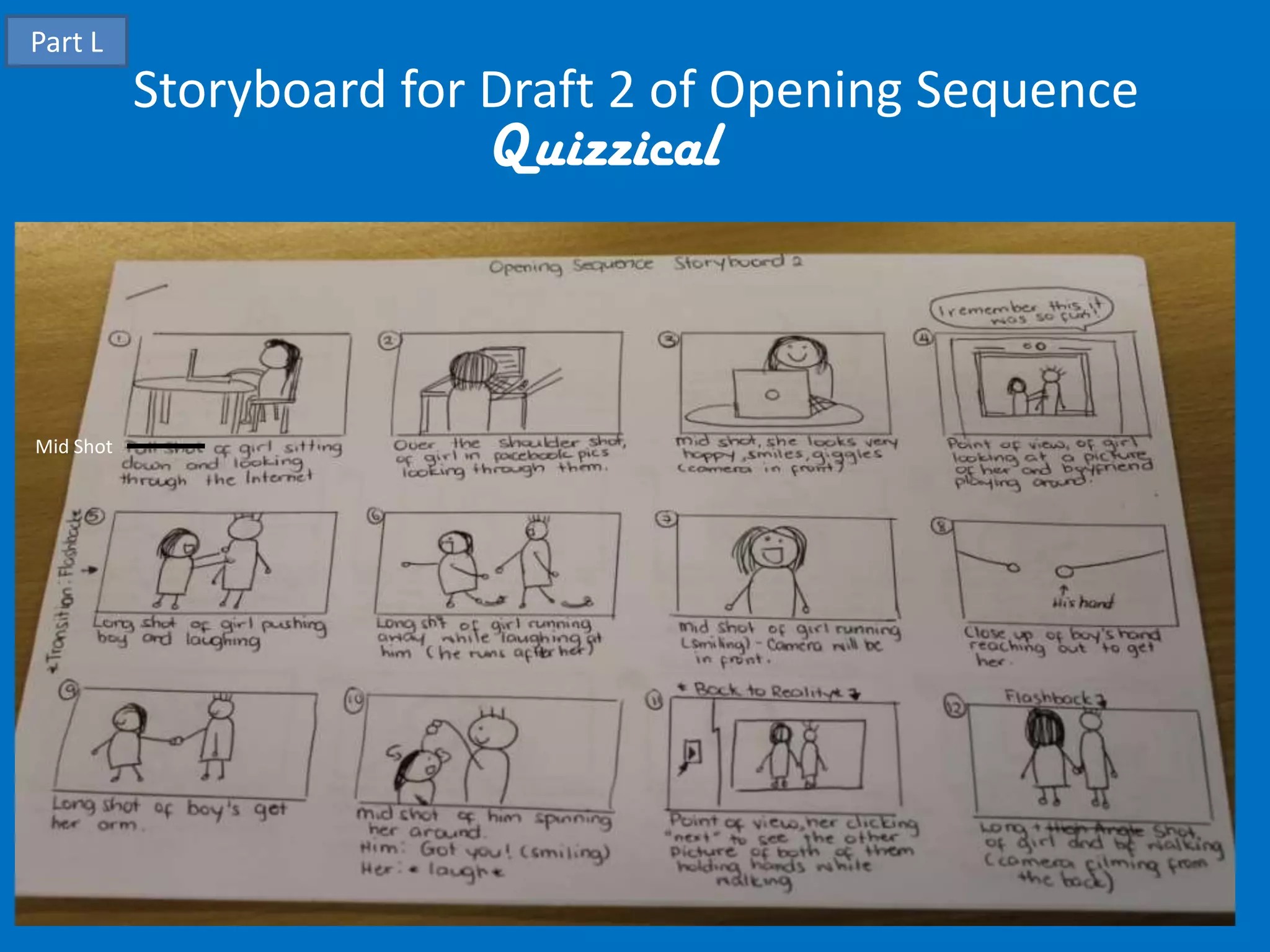Part L
Storyboard for Draft 2 of Opening Sequence
Quizzical
Mid Shot