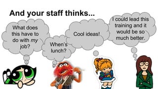 And your staff thinks...
What does
this have to
do with my
job? When’s
lunch?
I could lead this
training and it
would be so
much better.
Cool ideas!
 