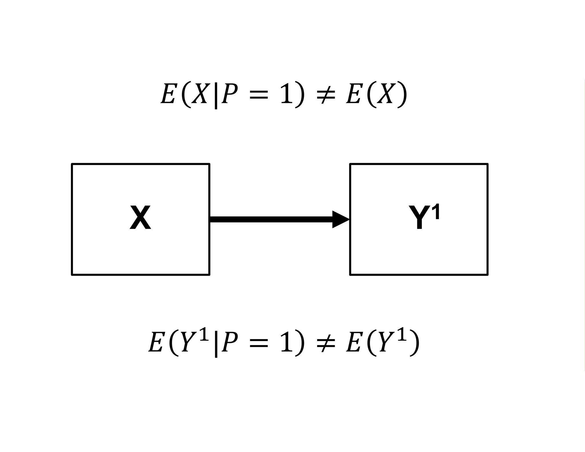 𝐸 𝑋|𝑃 = 1 ≠ 𝐸 𝑋
𝐸 𝑌1
|𝑃 = 1 ≠ 𝐸 𝑌1
X Y1
 
