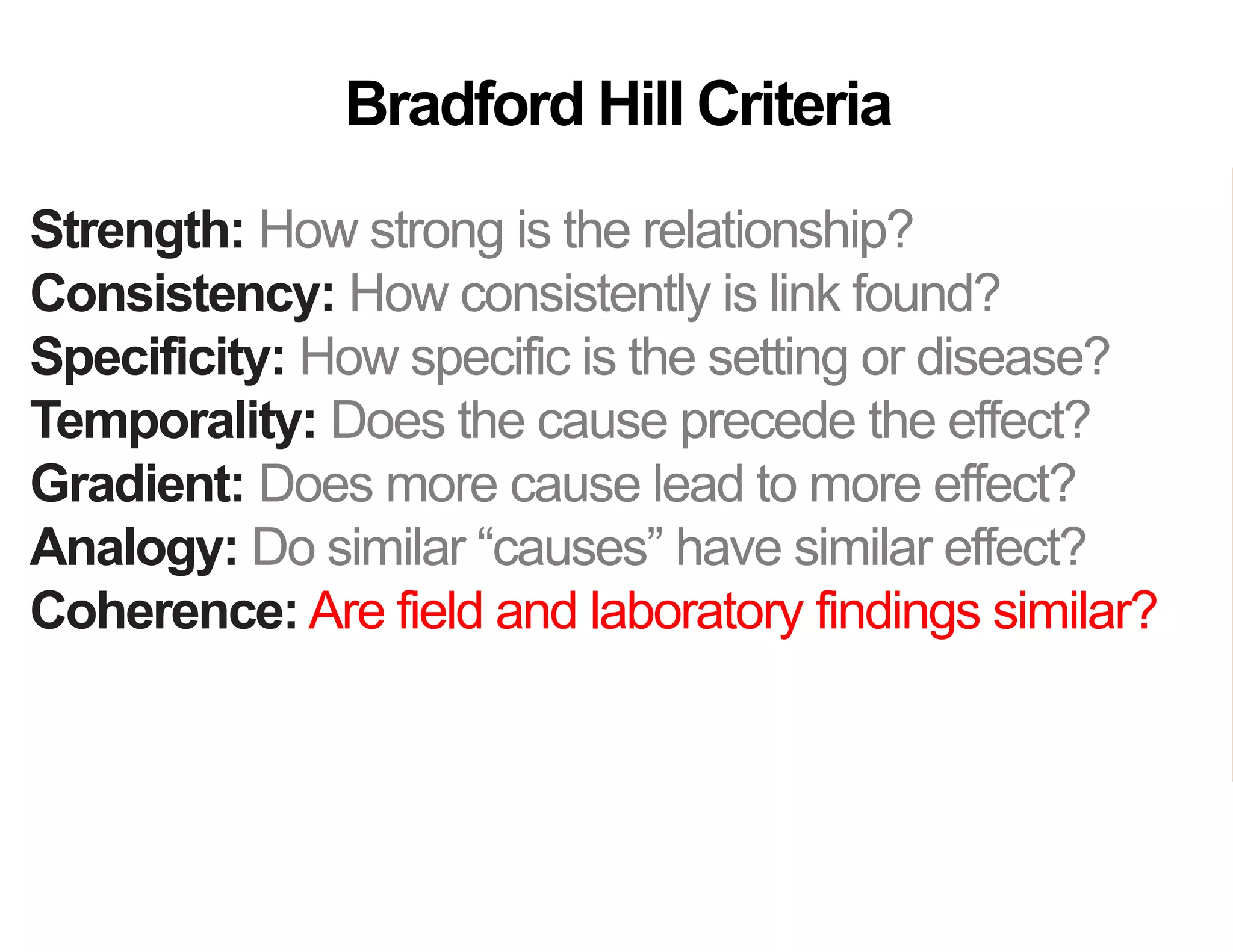 Strength: How strong is the relationship?
Consistency: How consistently is link found?
Specificity: How specific is the setting or disease?
Temporality: Does the cause precede the effect?
Gradient: Does more cause lead to more effect?
Analogy: Do similar “causes” have similar effect?
Coherence: Are field and laboratory findings similar?
Experiment: Was variation in the cause random?
Plausibility: Does theory agree?
Bradford Hill Criteria
 