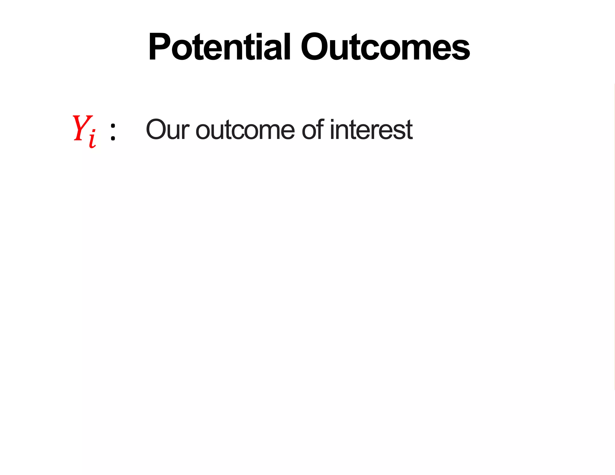 Our outcome of interest
What happens if an individual does
not participate in a program
What happens if that individual does
participate in a program
Potential Outcomes
𝑌𝑖 :
𝑌𝑖
0
:
𝑌𝑖
1
:
 